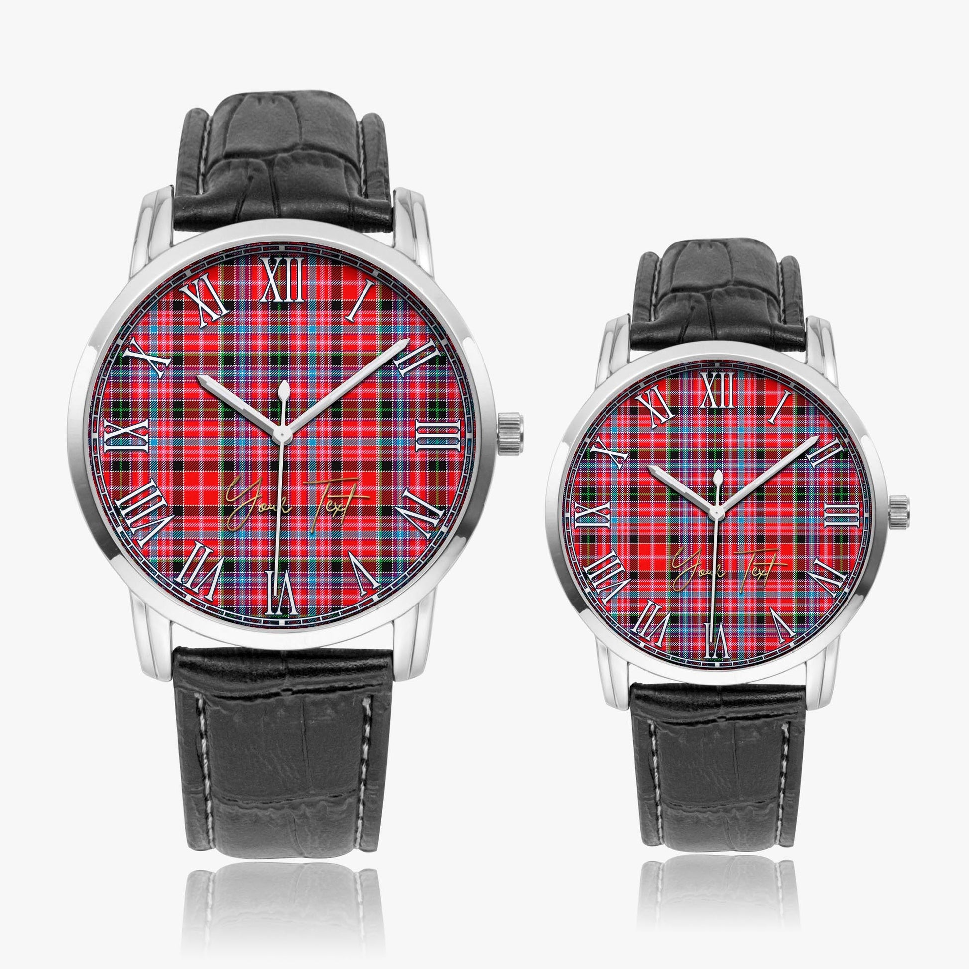 Aberdeen District Tartan Personalized Your Text Leather Trap Quartz Watch Wide Type Silver Case With Black Leather Strap - Tartanvibesclothing