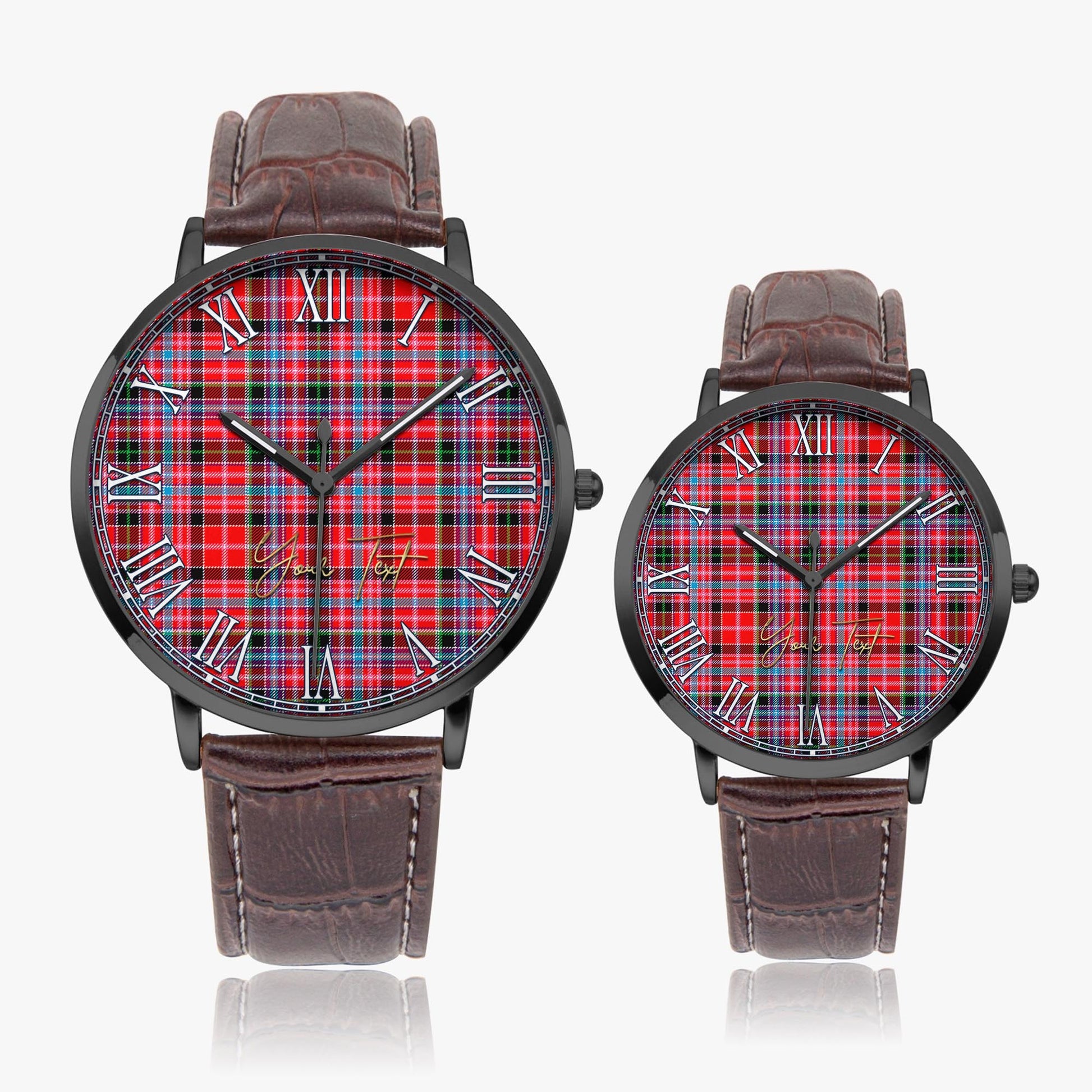 Aberdeen District Tartan Personalized Your Text Leather Trap Quartz Watch Ultra Thin Black Case With Brown Leather Strap - Tartanvibesclothing