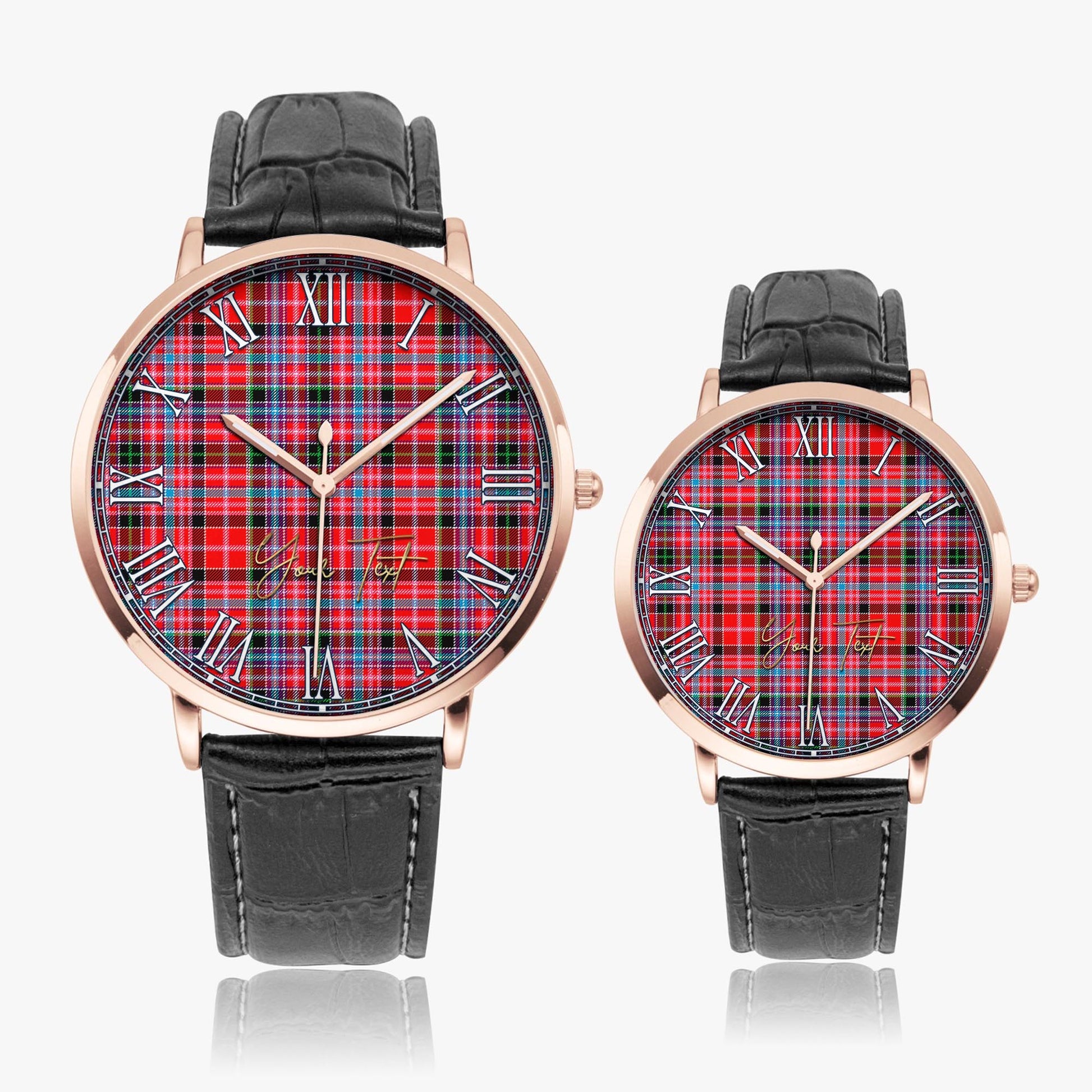 Aberdeen District Tartan Personalized Your Text Leather Trap Quartz Watch Ultra Thin Rose Gold Case With Black Leather Strap - Tartanvibesclothing