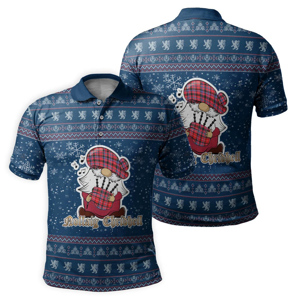 Aberdeen District Clan Christmas Family Polo Shirt with Funny Gnome Playing Bagpipes Men's Polo Shirt Blue - Tartanvibesclothing