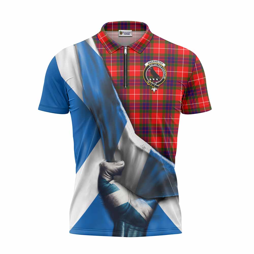 Tartan Vibes Clothing Abernethy Tartan Zipper Polo Shirt with Family Crest Scotland Patriotic Style