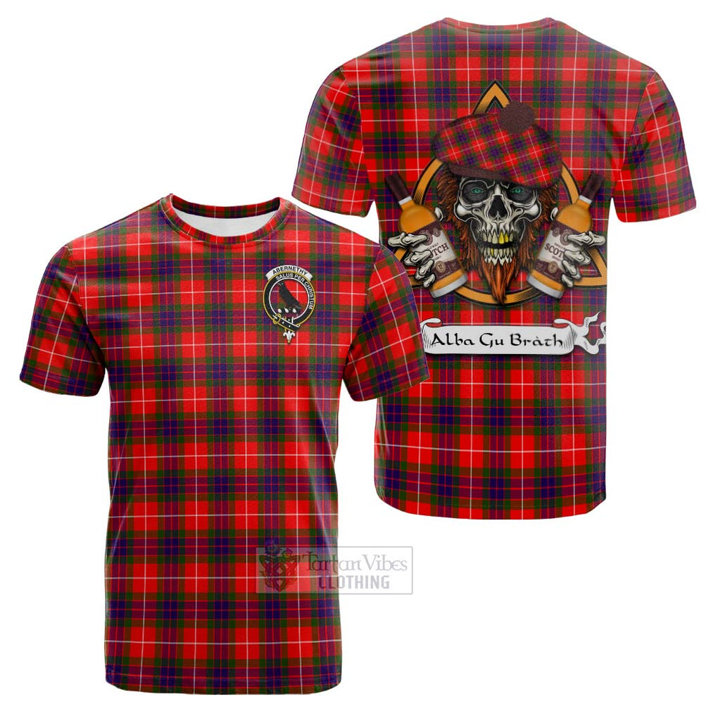 Tartan Vibes Clothing Abernethy Tartan Cotton T-shirt with Family Crest and Bearded Skull Holding Bottles of Whiskey