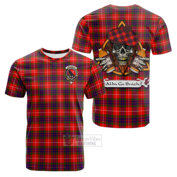 Abernethy Tartan Cotton T-shirt with Family Crest and Bearded Skull Holding Bottles of Whiskey