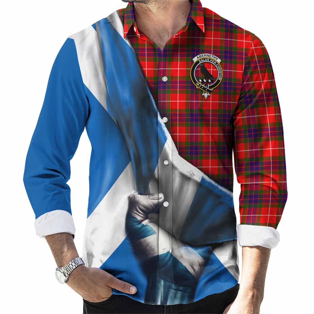 Tartan Vibes Clothing Abernethy Tartan Long Sleeve Button Shirt with Family Crest Scotland Patriotic Style