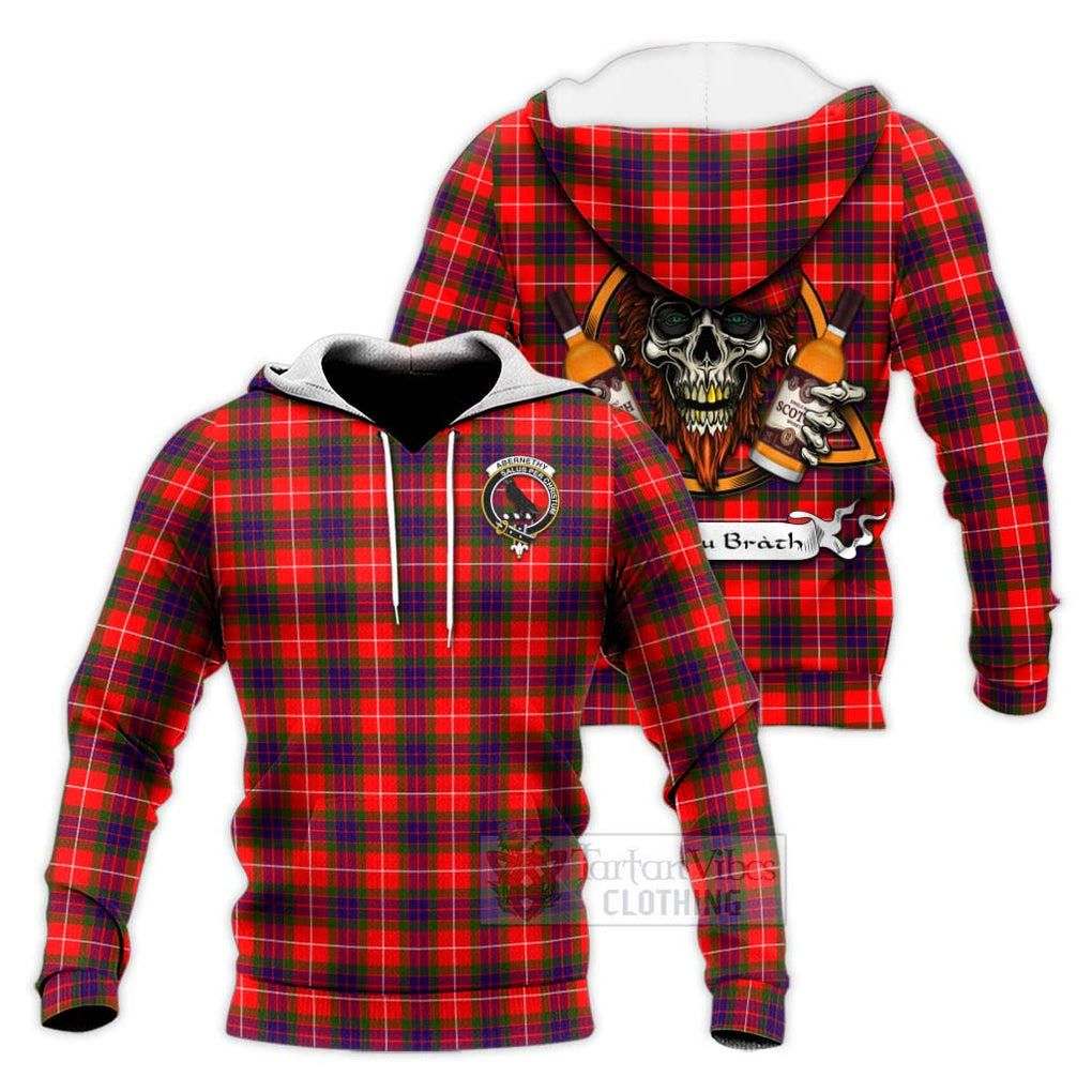 Tartan Vibes Clothing Abernethy Tartan Knitted Hoodie with Family Crest and Bearded Skull Holding Bottles of Whiskey