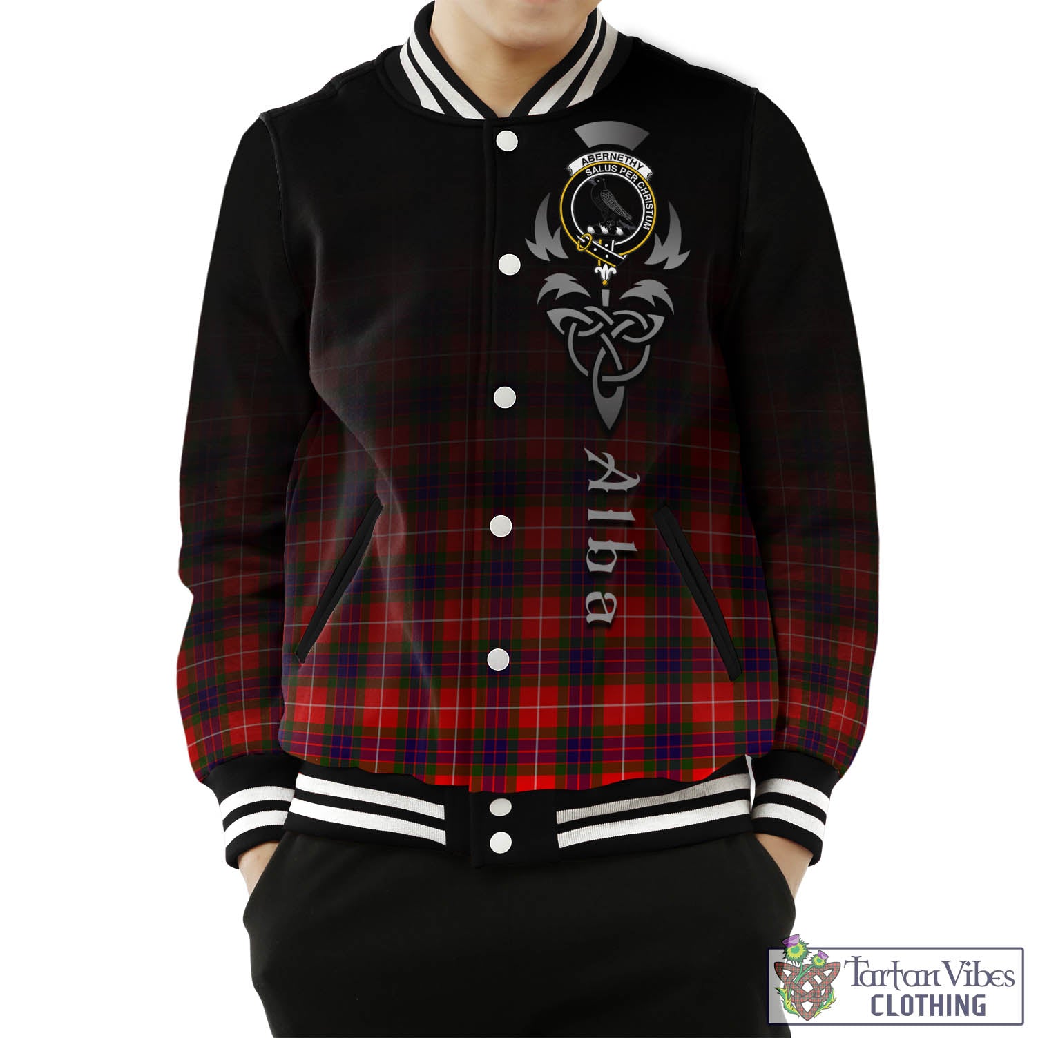 Tartan Vibes Clothing Abernethy Tartan Baseball Jacket Featuring Alba Gu Brath Family Crest Celtic Inspired