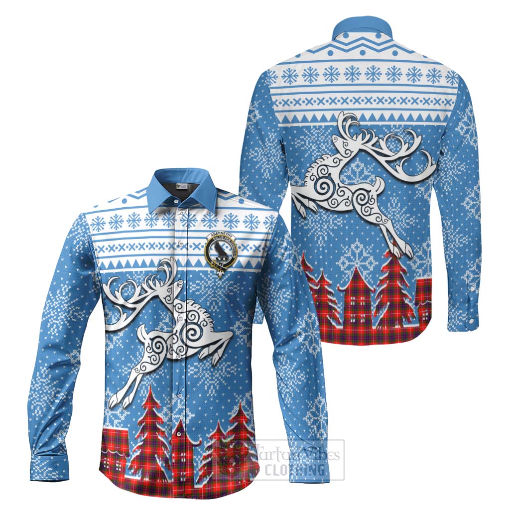 Tartan Vibes Clothing Abernethy Clan Christmas Long Sleeve Button Shirt Celtic Reindeer Style