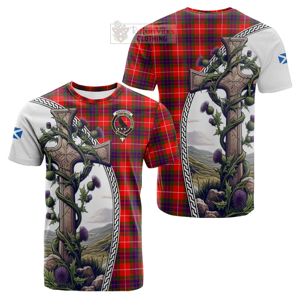 Tartan Vibes Clothing Abernethy Tartan Cotton T-shirt with Family Crest and St. Andrew's Cross Accented by Thistle Vines