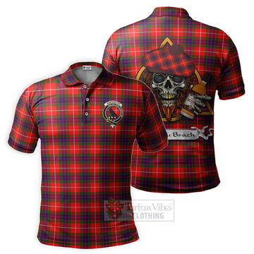 Abernethy Tartan Polo Shirt with Family Crest and Bearded Skull Holding Bottles of Whiskey