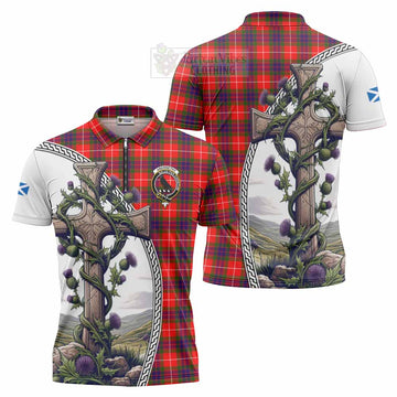 Abernethy Tartan Zipper Polo Shirt with Family Crest and St. Andrew's Cross Accented by Thistle Vines