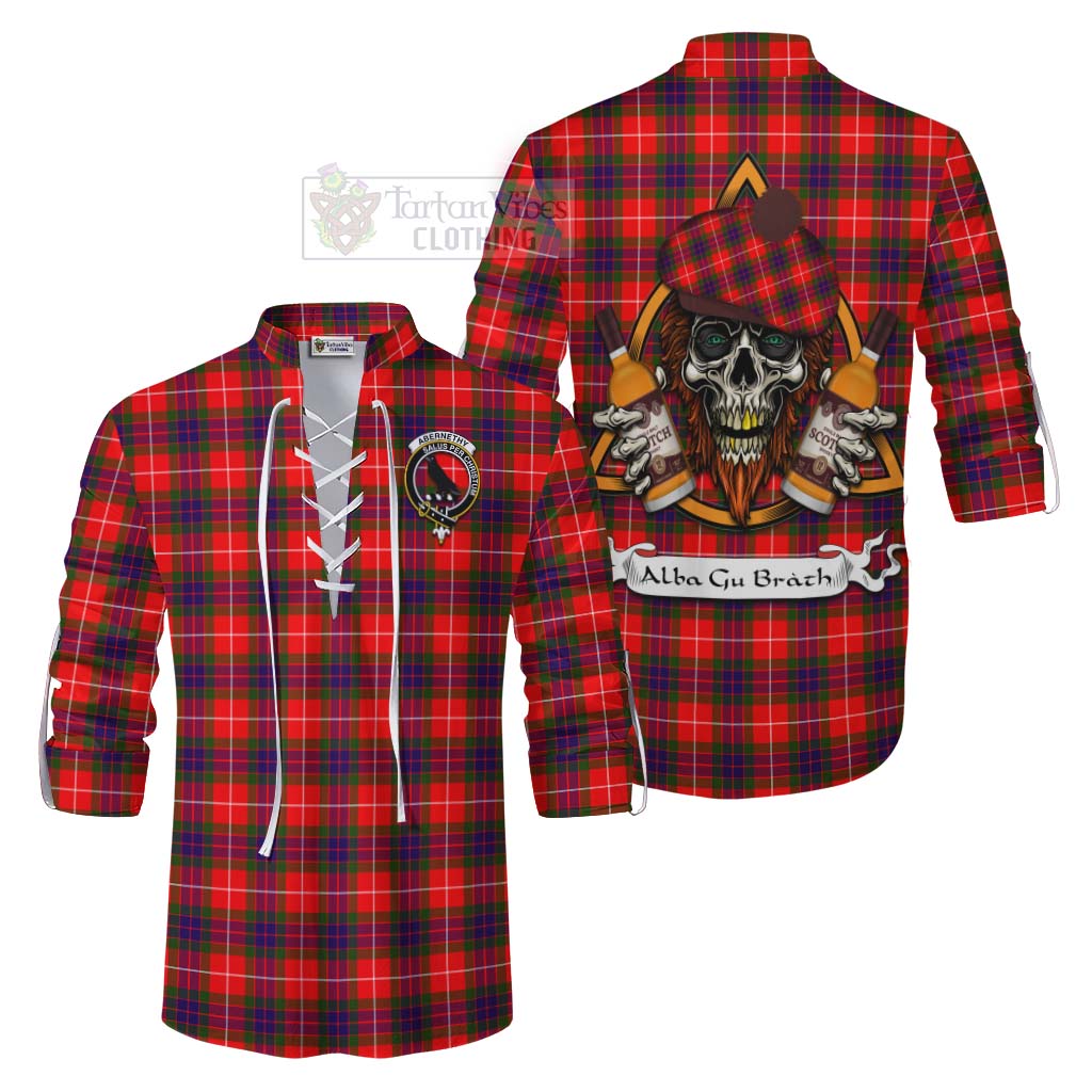 Tartan Vibes Clothing Abernethy Tartan Ghillie Kilt Shirt with Family Crest and Bearded Skull Holding Bottles of Whiskey