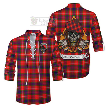 Abernethy Tartan Ghillie Kilt Shirt with Family Crest and Bearded Skull Holding Bottles of Whiskey