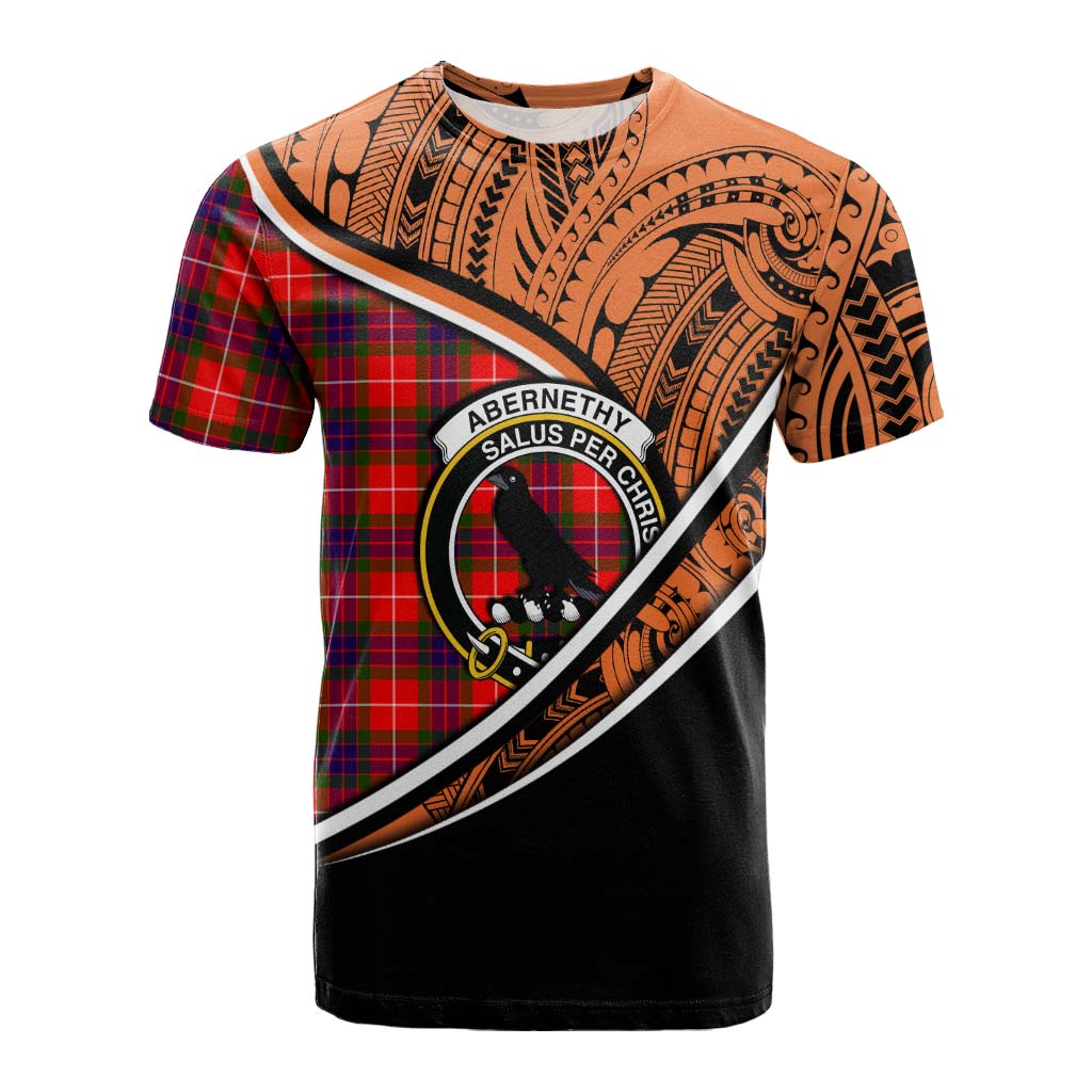 Tartan Vibes Clothing Abernethy Crest Tartan Cotton T-shirt with Maori Tattoo Style - Orange Version