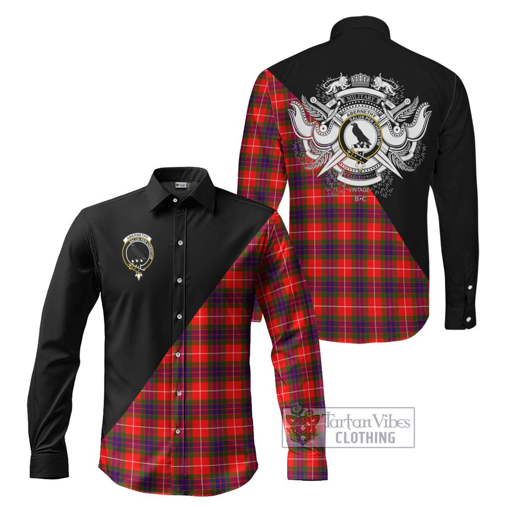 Abernethy Tartan Long Sleeve Button Shirt with Family Crest and Military Logo Style Men's Shirt S - Tartanvibesclothing Shop