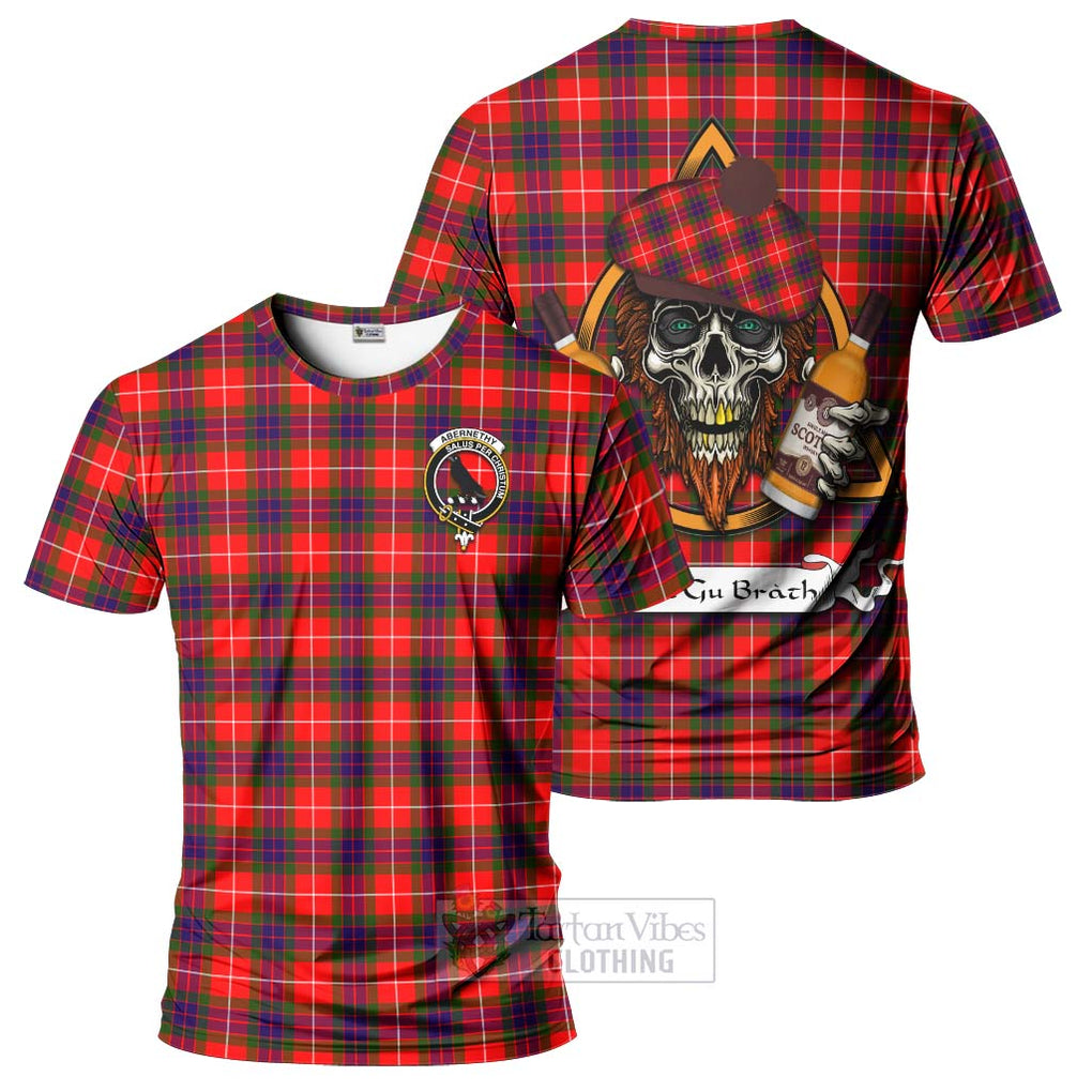 Tartan Vibes Clothing Abernethy Tartan T-Shirt with Family Crest and Bearded Skull Holding Bottles of Whiskey