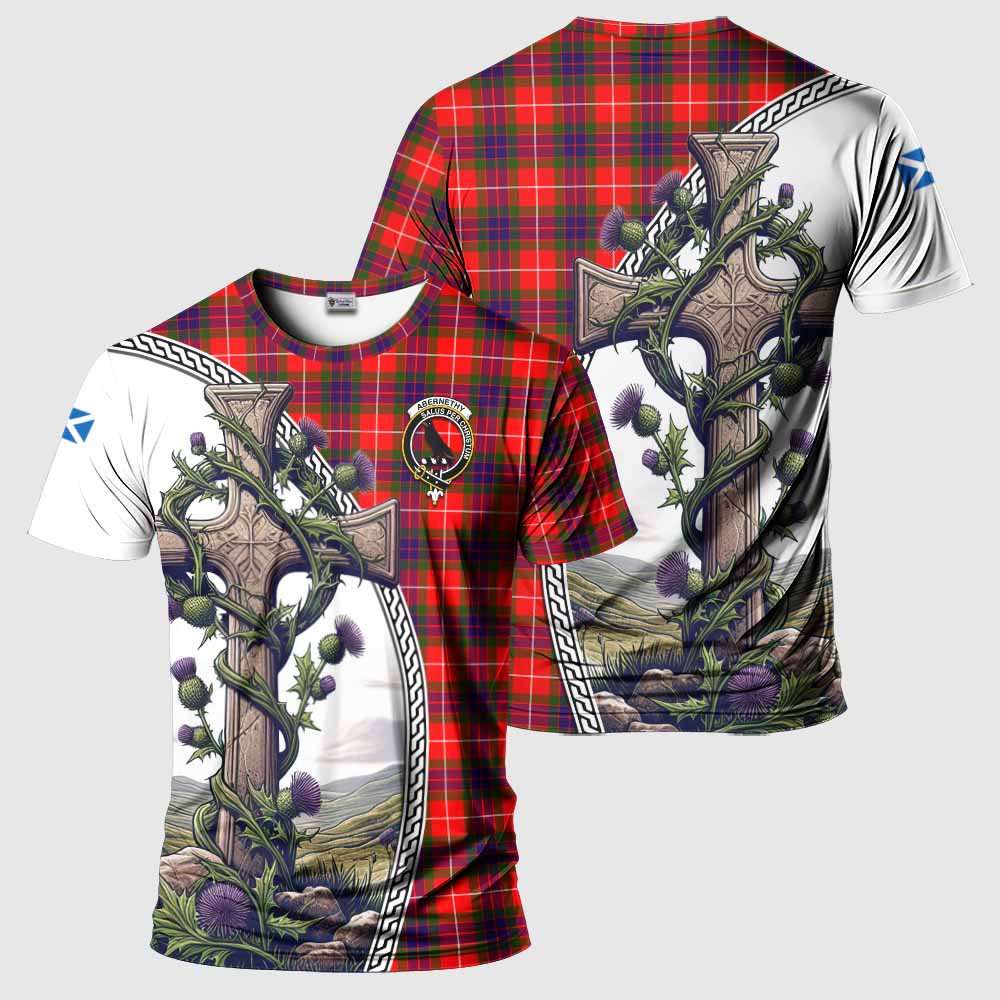 Tartan Vibes Clothing Abernethy Agnew Tartan T-Shirt with Family Crest and St. Andrew's Cross Accented by Thistle Vines