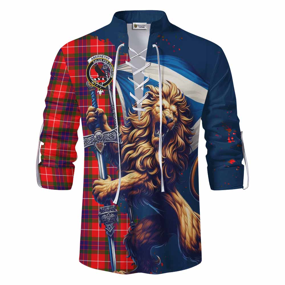 Tartan Vibes Clothing Abernethy Tartan Family Crest Ghillie Kilt Shirt with Scottish Majestic Lion