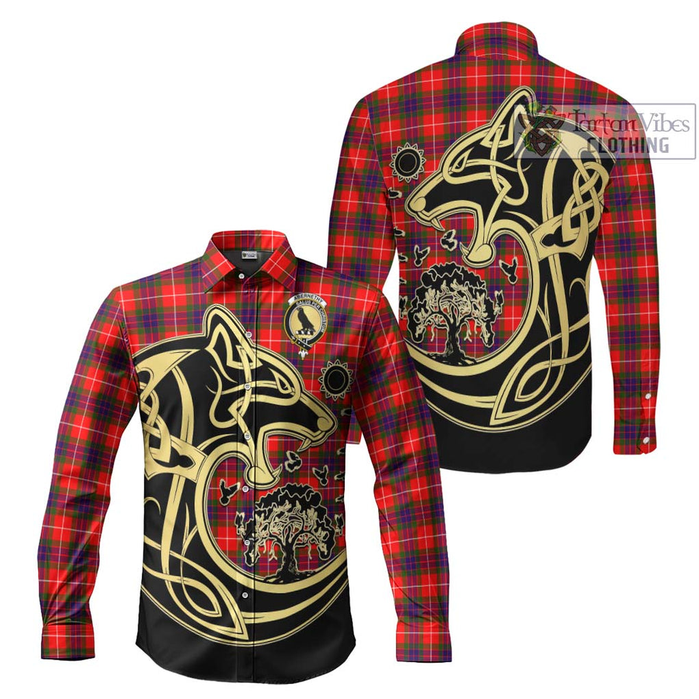 Abernethy Tartan Long Sleeve Button Shirt with Family Crest Celtic Wolf Style Men's Shirt S - Tartan Vibes Clothing