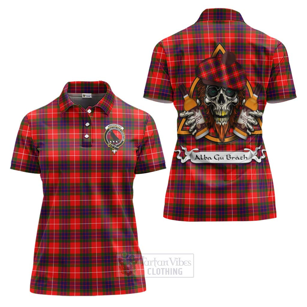 Tartan Vibes Clothing Abernethy Tartan Women's Polo Shirt with Family Crest and Bearded Skull Holding Bottles of Whiskey