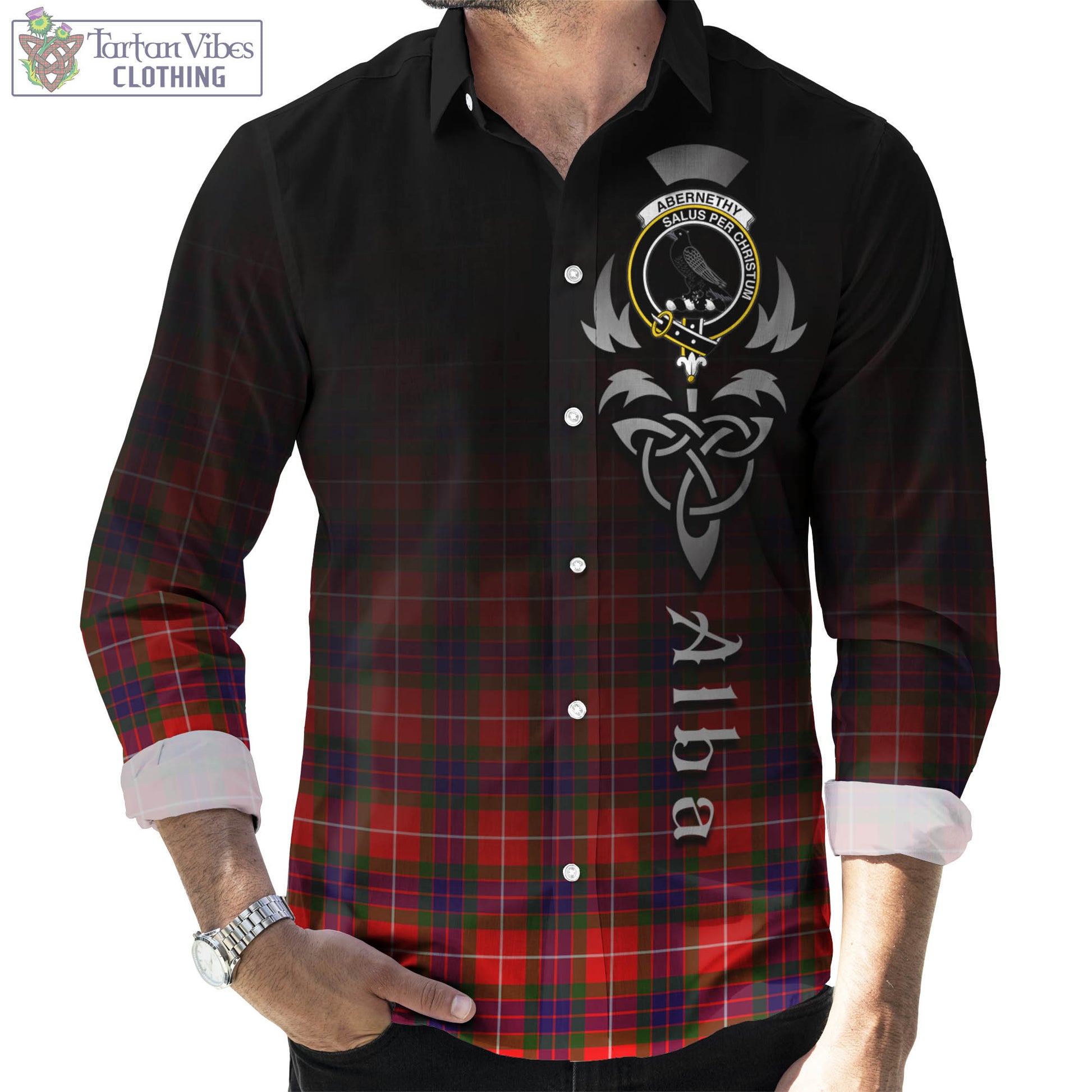 Tartan Vibes Clothing Abernethy Tartan Long Sleeve Button Up Featuring Alba Gu Brath Family Crest Celtic Inspired