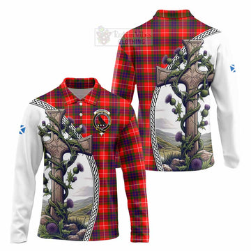 Abernethy Tartan Long Sleeve Polo Shirt with Family Crest and St. Andrew's Cross Accented by Thistle Vines Unisex - Tartan Vibes Clothing