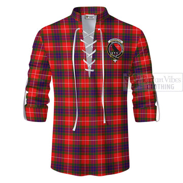 Abernethy Tartan Ghillie Kilt Shirt with Family Crest and Bearded Skull Holding Bottles of Whiskey