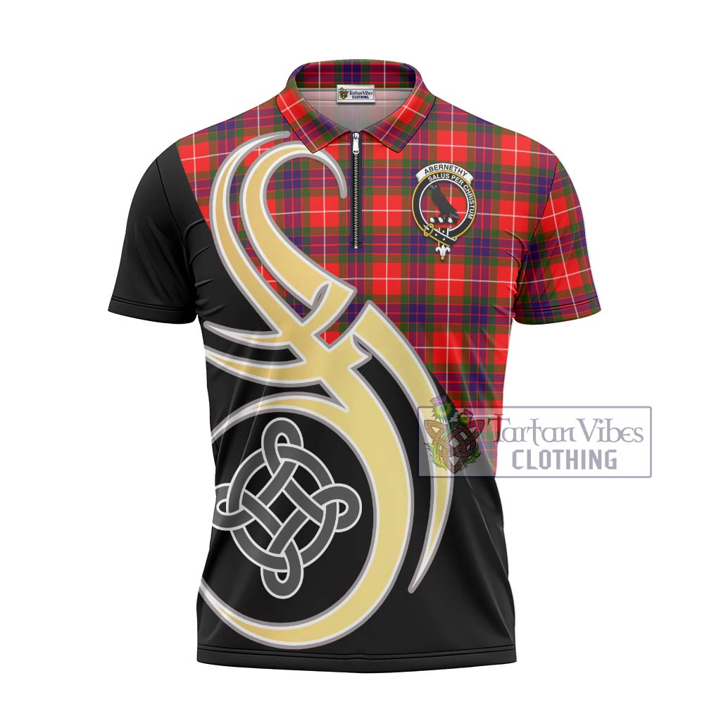 Tartan Vibes Clothing Abernethy Tartan Zipper Polo Shirt with Family Crest and Celtic Symbol Style