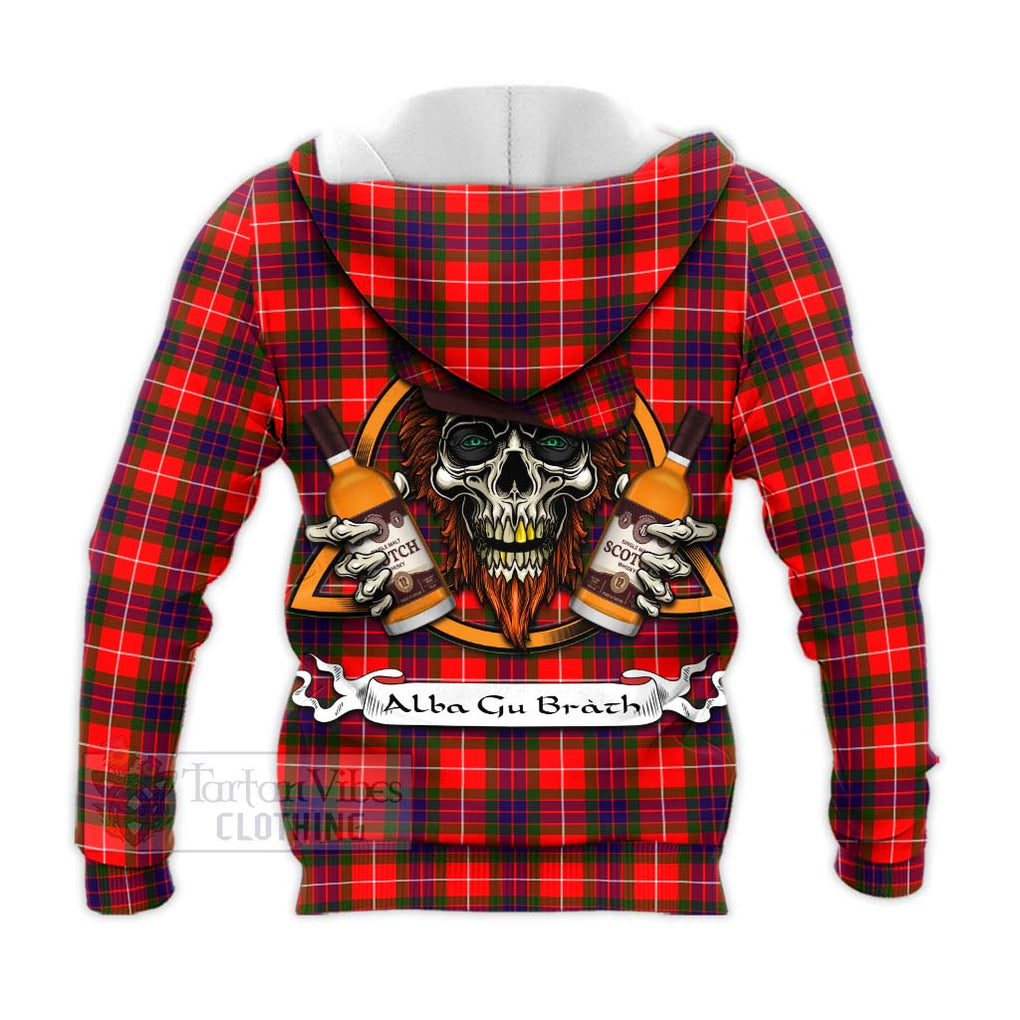 Tartan Vibes Clothing Abernethy Tartan Knitted Hoodie with Family Crest and Bearded Skull Holding Bottles of Whiskey