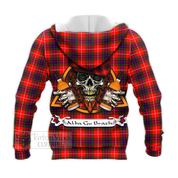 Abernethy Tartan Knitted Hoodie with Family Crest and Bearded Skull Holding Bottles of Whiskey