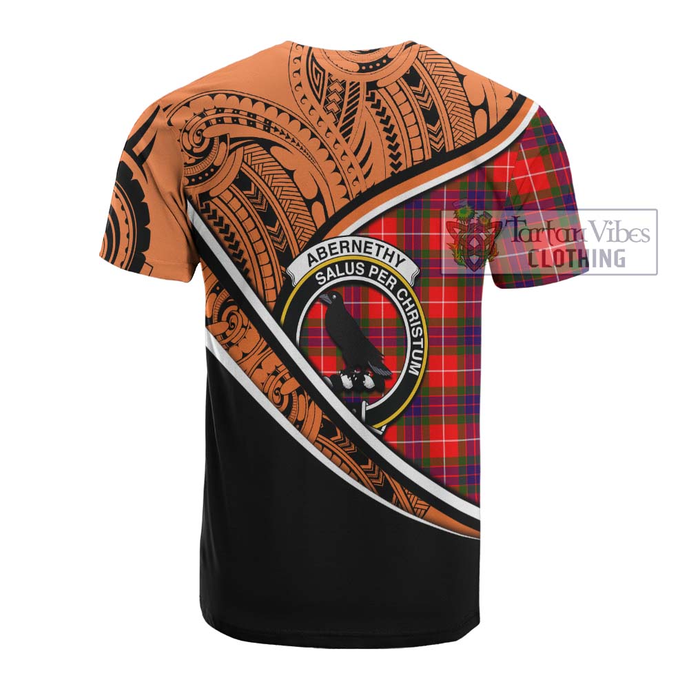 Tartan Vibes Clothing Abernethy Crest Tartan Cotton T-shirt with Maori Tattoo Style - Orange Version