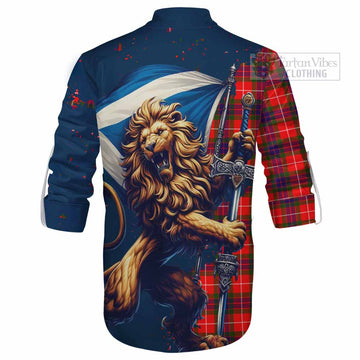 Abernethy Tartan Family Crest Ghillie Kilt Shirt with Scottish Majestic Lion