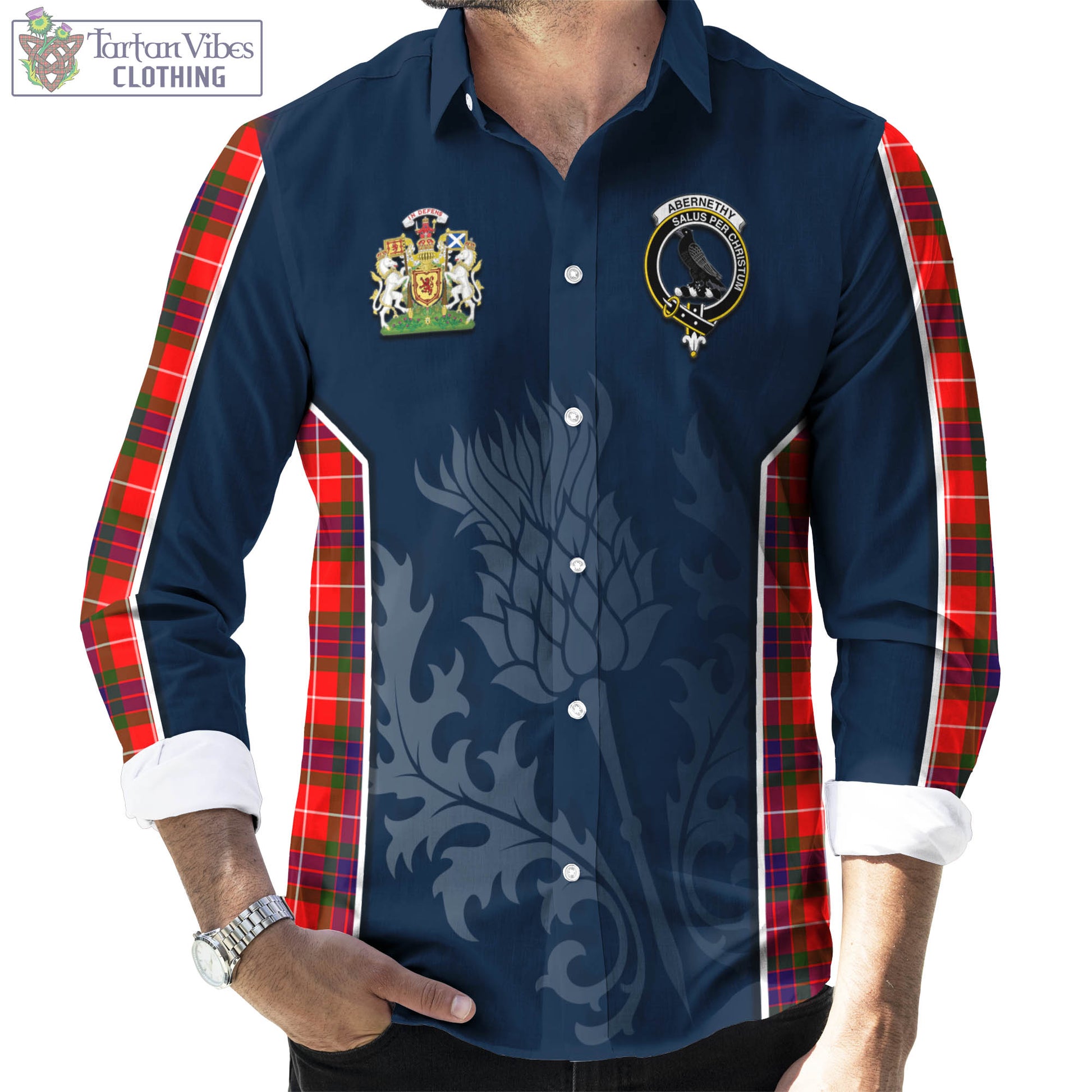 Tartan Vibes Clothing Abernethy Tartan Long Sleeve Button Up Shirt with Family Crest and Scottish Thistle Vibes Sport Style