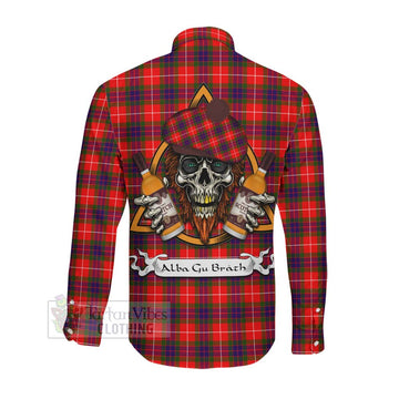 Abernethy Tartan Long Sleeve Button Shirt with Family Crest and Bearded Skull Holding Bottles of Whiskey Men's Shirt - Tartan Vibes Clothing