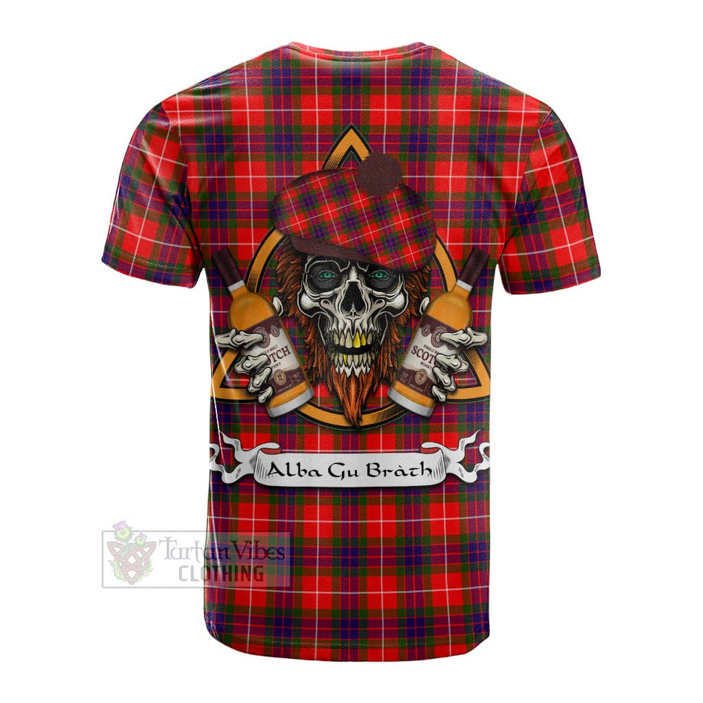 Tartan Vibes Clothing Abernethy Tartan Cotton T-shirt with Family Crest and Bearded Skull Holding Bottles of Whiskey