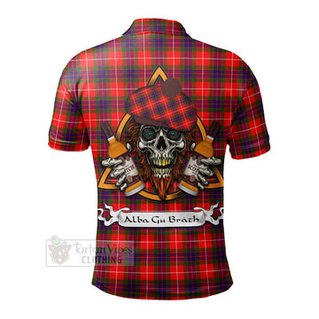 Abernethy Tartan Polo Shirt with Family Crest and Bearded Skull Holding Bottles of Whiskey