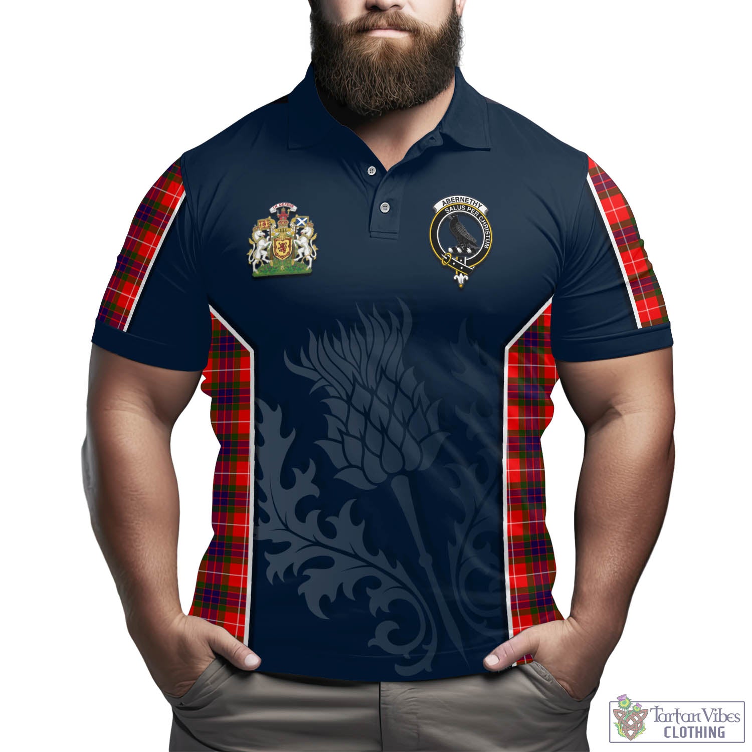 Tartan Vibes Clothing Abernethy Tartan Men's Polo Shirt with Family Crest and Scottish Thistle Vibes Sport Style