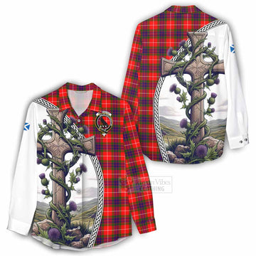 Abernethy Tartan Women's Casual Shirt with Family Crest and St. Andrew's Cross Accented by Thistle Vines - Tartan Vibes Clothing