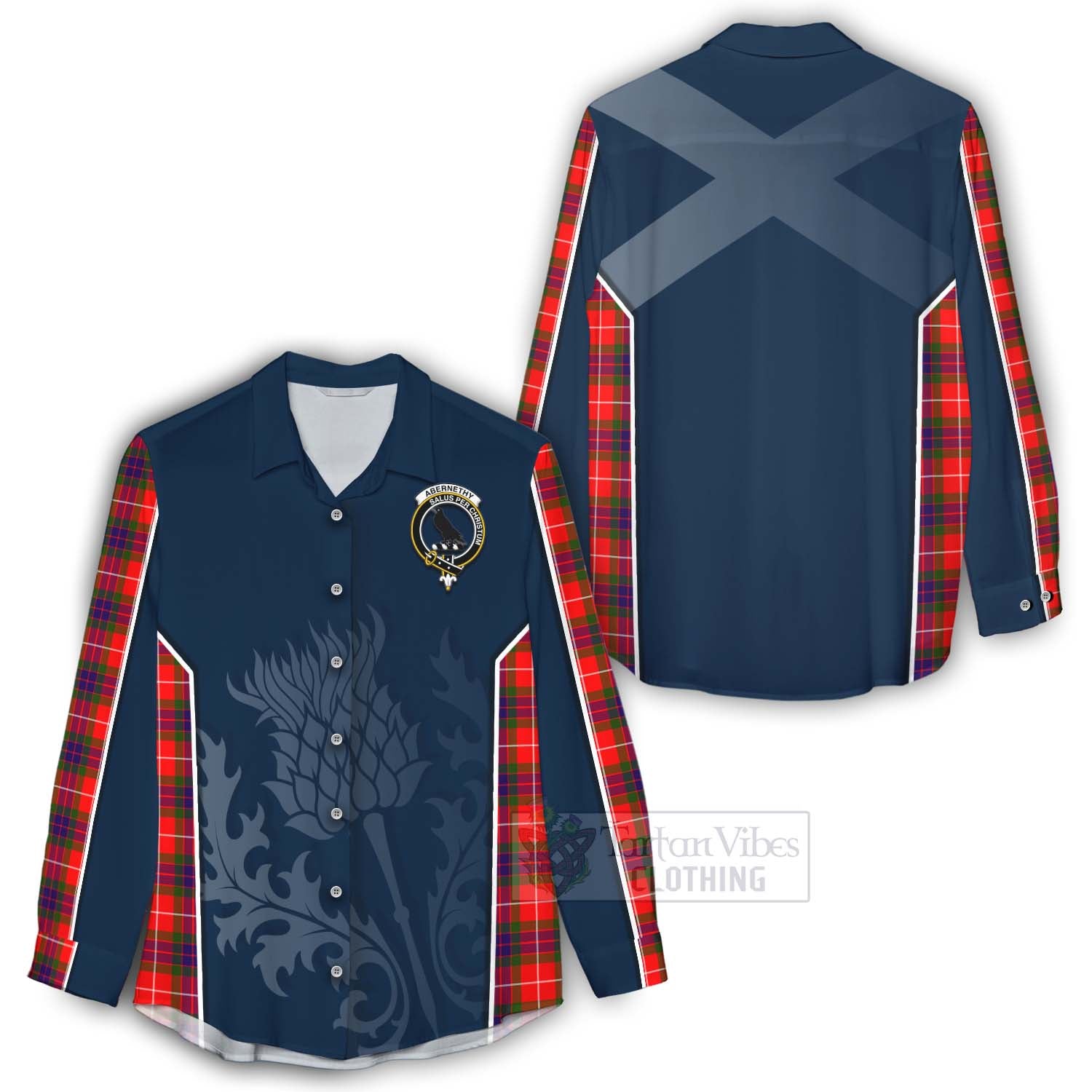 Tartan Vibes Clothing Abernethy Tartan Women's Casual Shirt with Family Crest and Scottish Thistle Vibes Sport Style