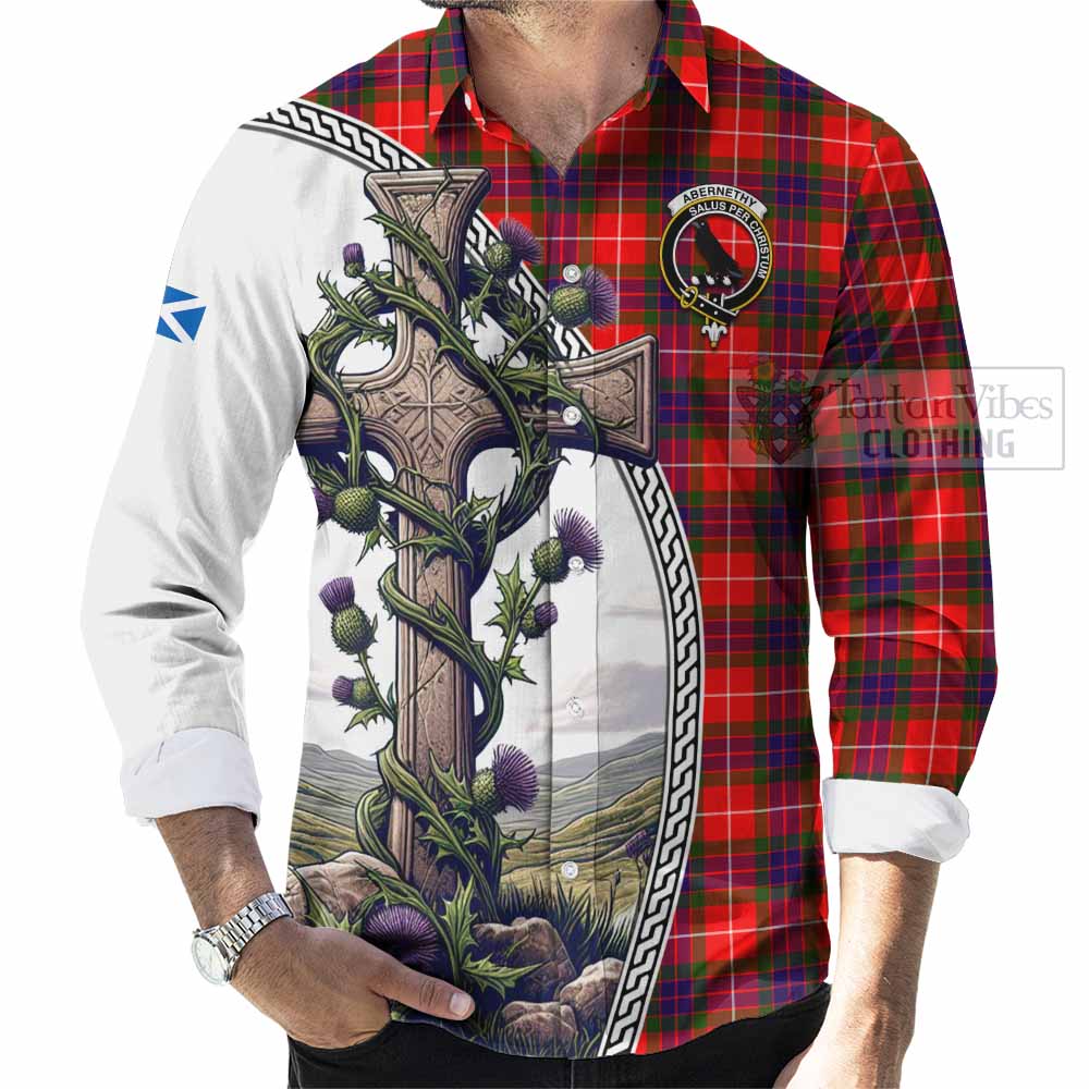 Tartan Vibes Clothing Abernethy Tartan Long Sleeve Button Shirt with Family Crest and St. Andrew's Cross Accented by Thistle Vines