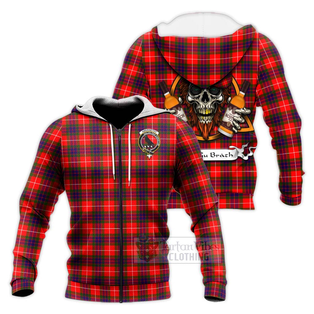 Tartan Vibes Clothing Abernethy Tartan Knitted Hoodie with Family Crest and Bearded Skull Holding Bottles of Whiskey