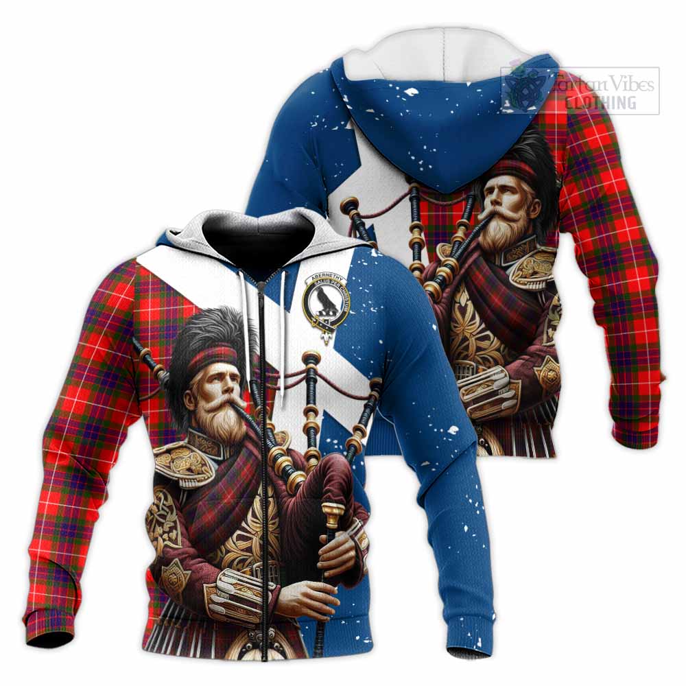 Tartan Vibes Clothing Abernethy Tartan Knitted Hoodie with Family Crest Scottish Bagpiper Vibes