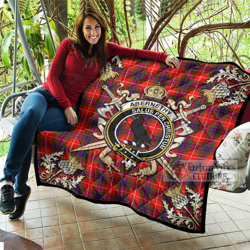 Tartan Vibes Clothing Abernethy Tartan Quilt with Family Crest and Scottish Golden Courage Shield