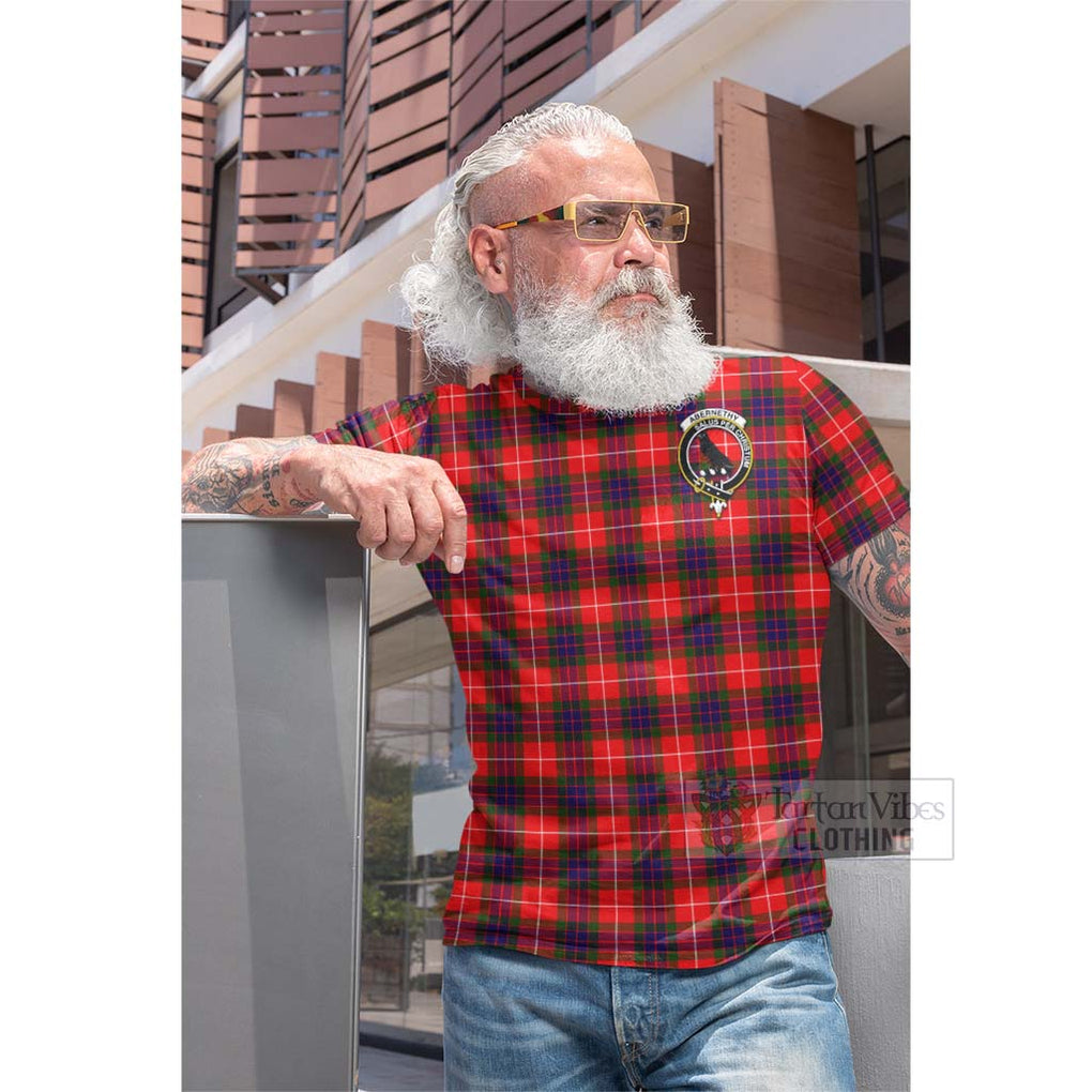 Tartan Vibes Clothing Abernethy Tartan Cotton T-shirt with Family Crest and Bearded Skull Holding Bottles of Whiskey