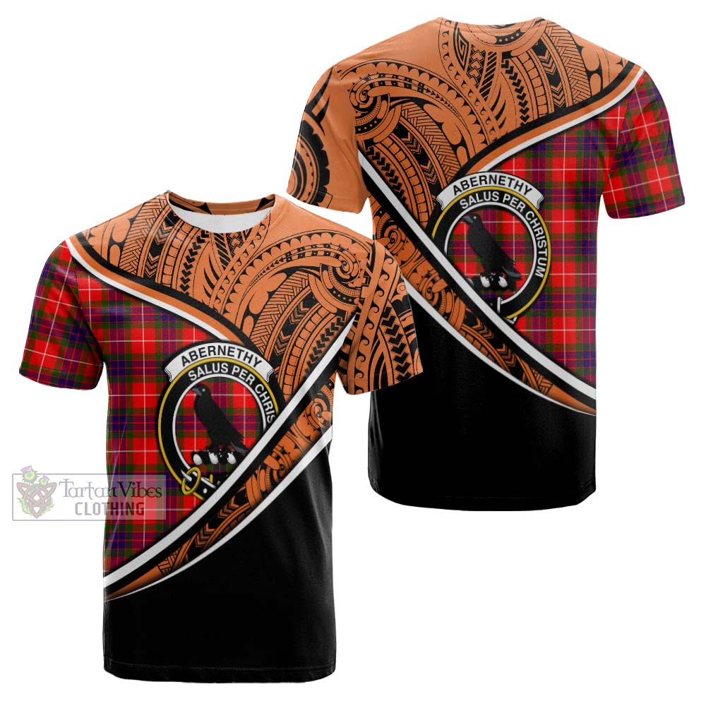 Tartan Vibes Clothing Abernethy Crest Tartan Cotton T-shirt with Maori Tattoo Style - Orange Version