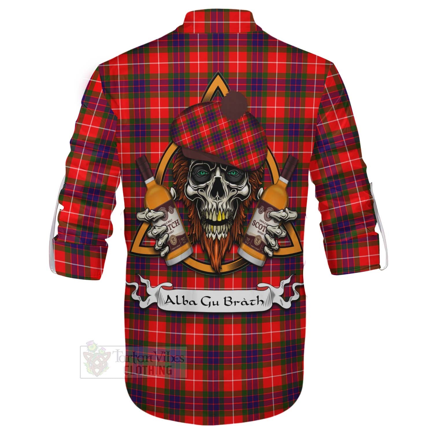 Tartan Vibes Clothing Abernethy Tartan Ghillie Kilt Shirt with Family Crest and Bearded Skull Holding Bottles of Whiskey