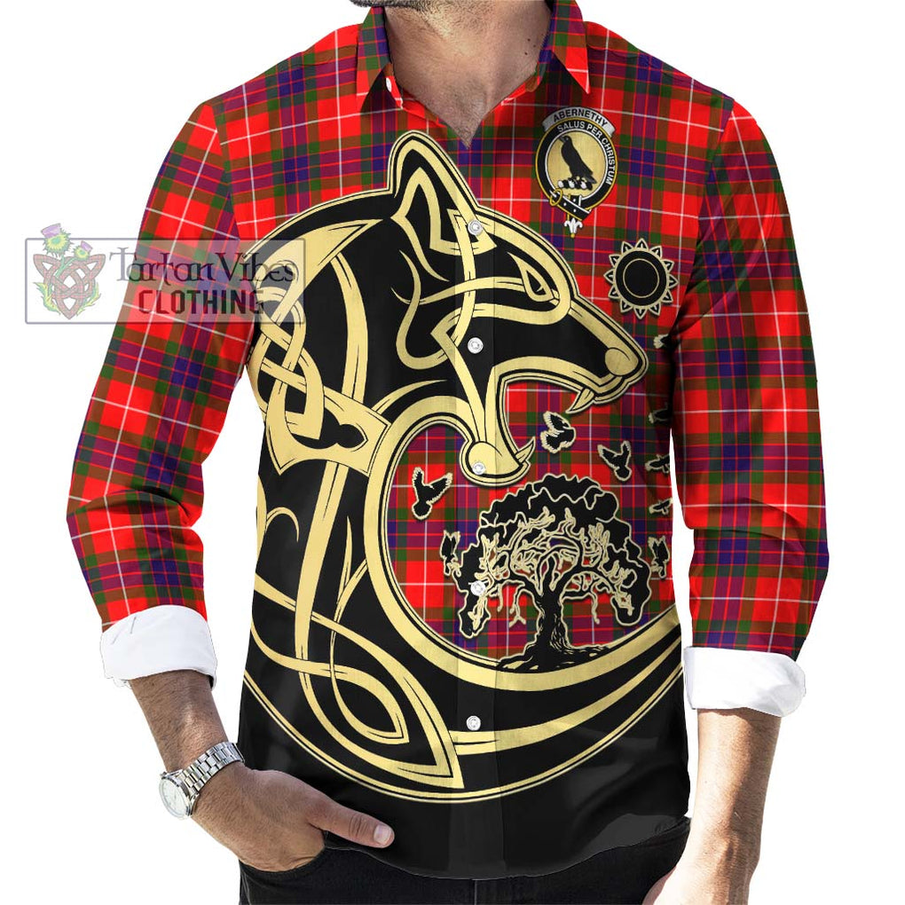 Abernethy Tartan Long Sleeve Button Shirt with Family Crest Celtic Wolf Style - Tartan Vibes Clothing