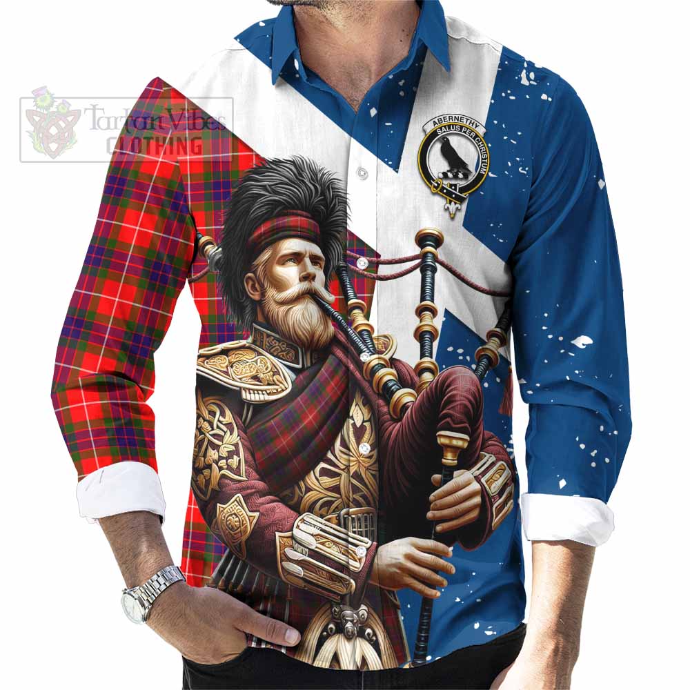 Tartan Vibes Clothing Abernethy Tartan Long Sleeve Button Shirt with Family Crest Scottish Bagpiper Vibes