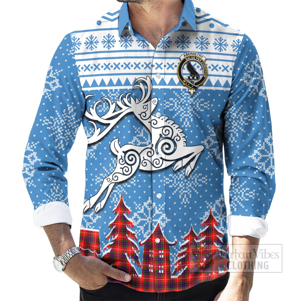 Tartan Vibes Clothing Abernethy Clan Christmas Long Sleeve Button Shirt Celtic Reindeer Style