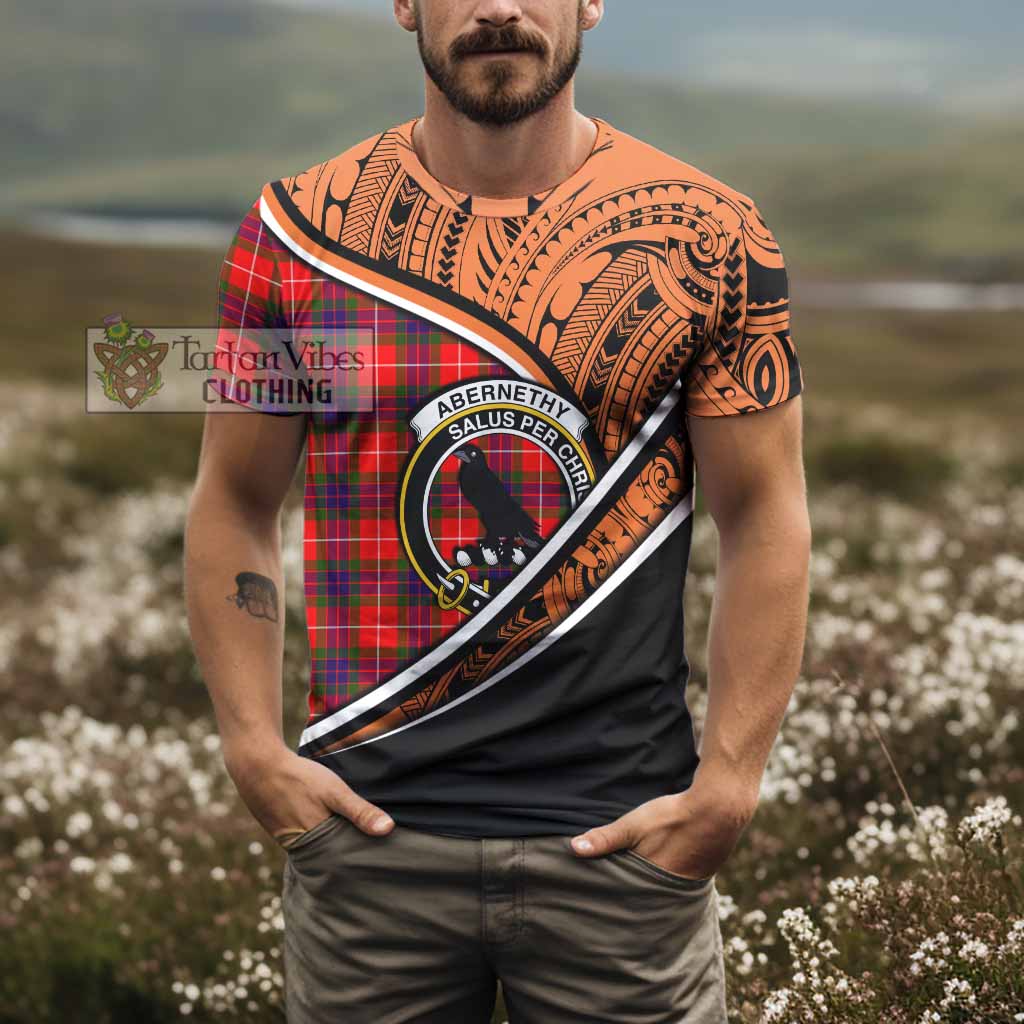 Tartan Vibes Clothing Abernethy Crest Tartan T-Shirt with Maori Tattoo Style - Orange Version