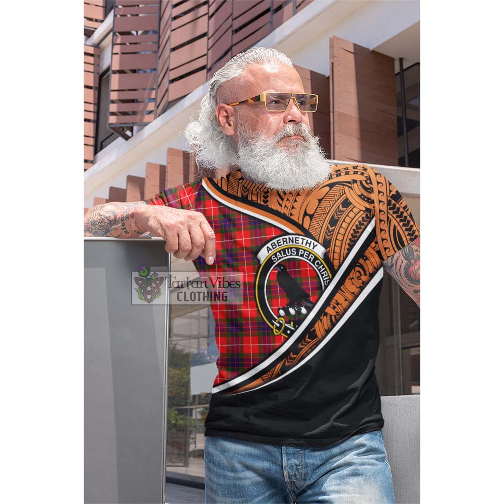 Tartan Vibes Clothing Abernethy Crest Tartan Cotton T-shirt with Maori Tattoo Style - Orange Version